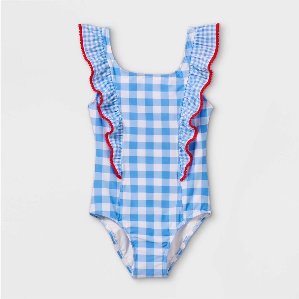 Cat & Jack Girls’ Gingham Ruffle-Front One Piece Swimsuit